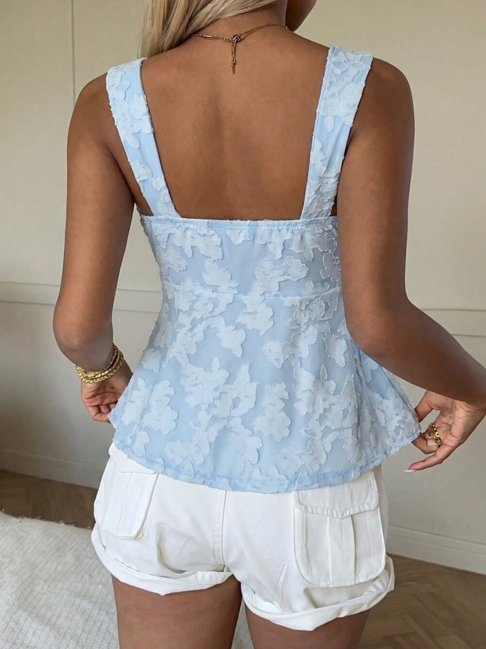 Blue Boho Women's Cutout Pleated Tie Camisole top - Picture 2 of 8